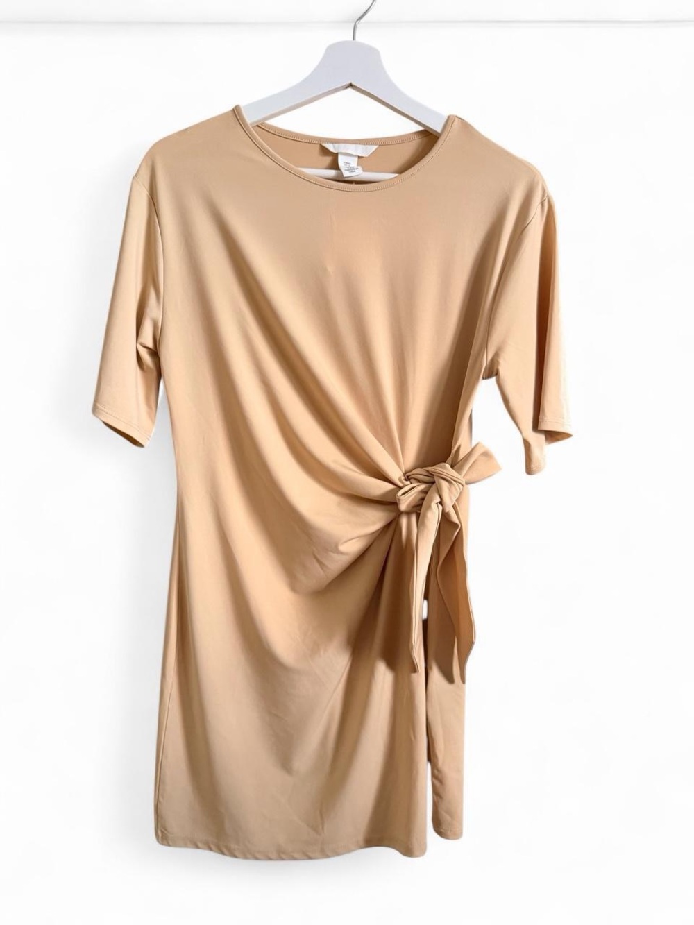 H&M Side-Knot Short Sleeve Midi Dress in Nude Tan